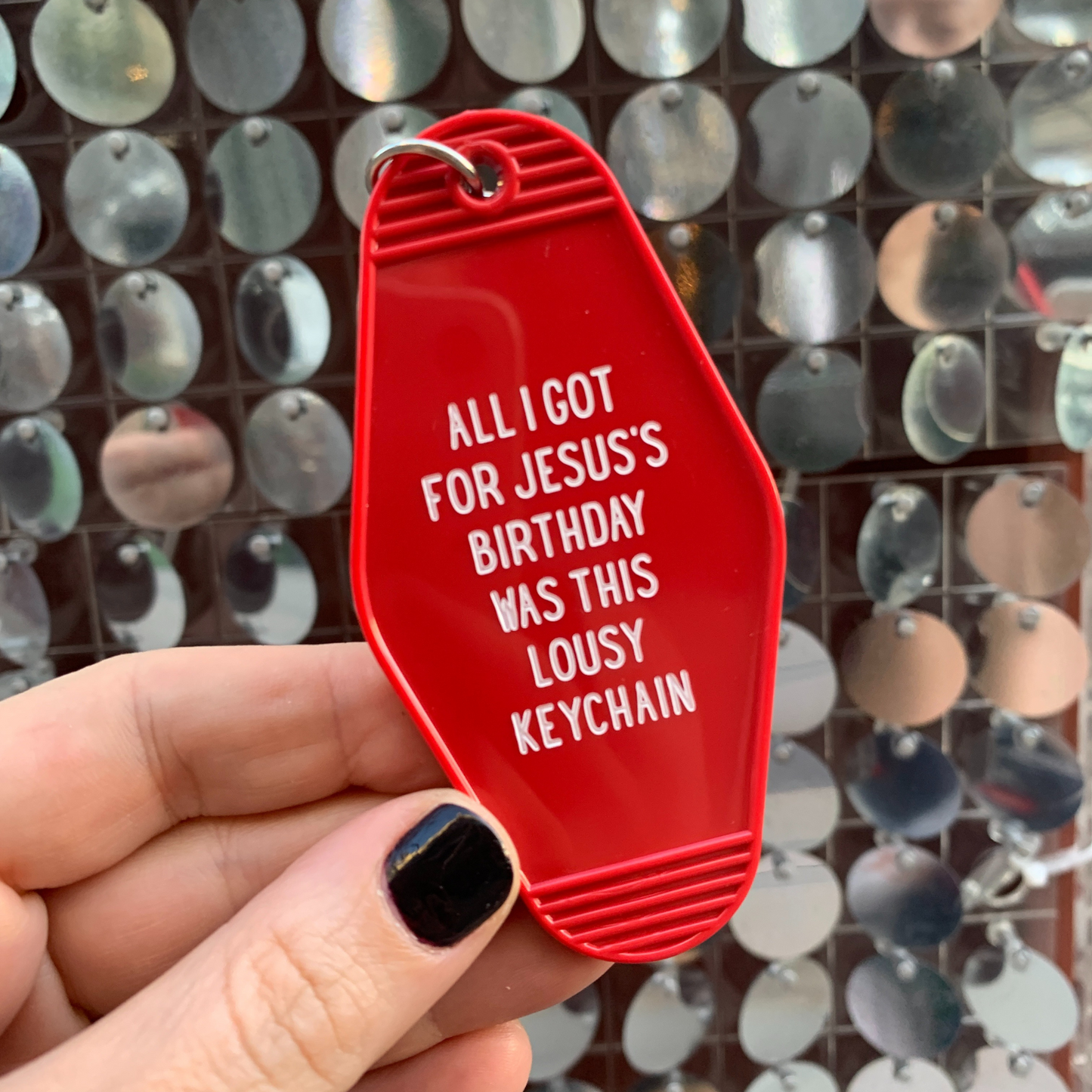 All I Got For Jesus's Birthday Christmas Motel Style Keychain in Red