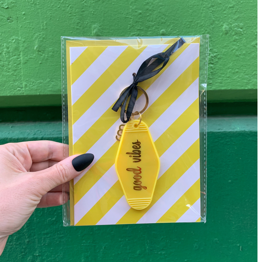 Good Vibes Motel Style Keychain with "Good Vibes on Your Birthday" Greeting Card