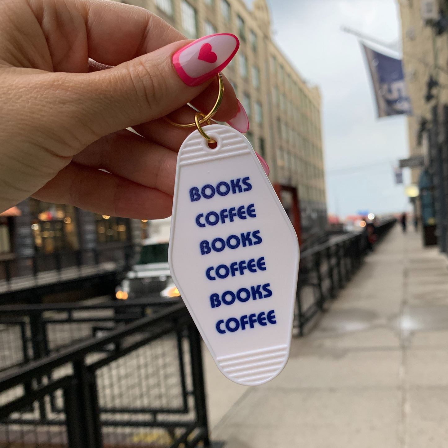 Books Coffee Books Coffee Motel Style Keychain in White