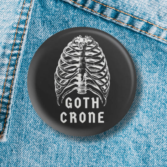 Goth Crone 1.25" Button Pin in Black with Vintage Art | Funny Pinback Button Badge