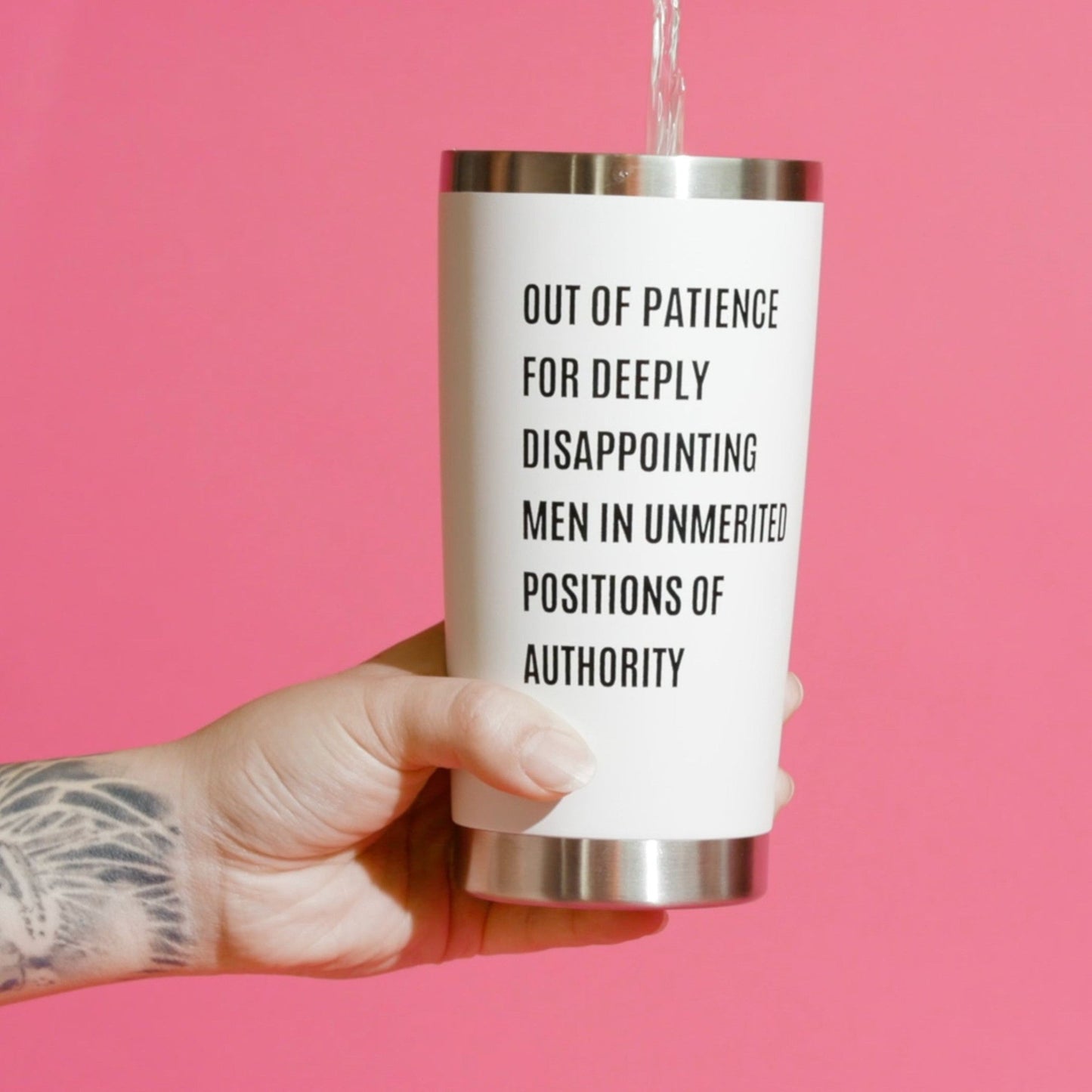 Out of Patience for Deeply Disappointing Men in Unmerited Positions of Authority Feminist Travel Mug in White