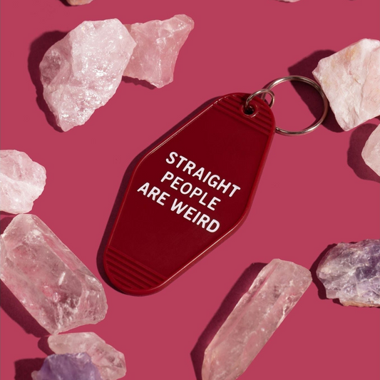 Straight People Are Weird Motel Style Keychain in Dark Red | LGBTQIA Pride Item