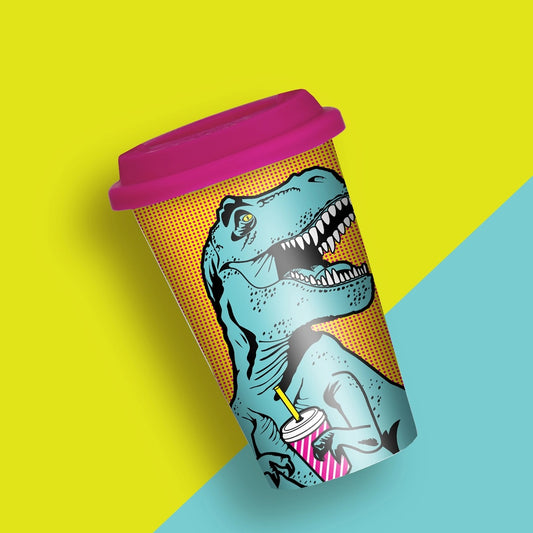 T-Rex Ceramic Double Wall Travel Mug in Pop Art Multicolor