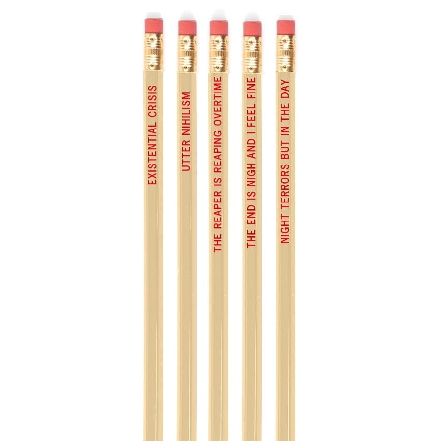 EXISTENTIAL CRISIS Pencil Set | 5 Cedar Pencils | Cream with Blood-Red Foil Stamping