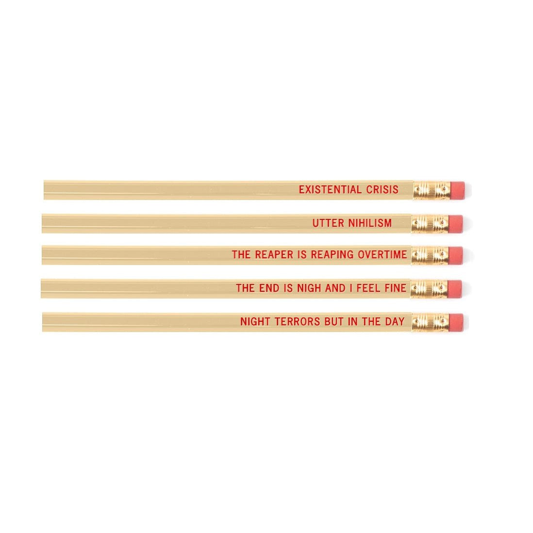 EXISTENTIAL CRISIS Pencil Set | 5 Cedar Pencils | Cream with Blood-Red Foil Stamping