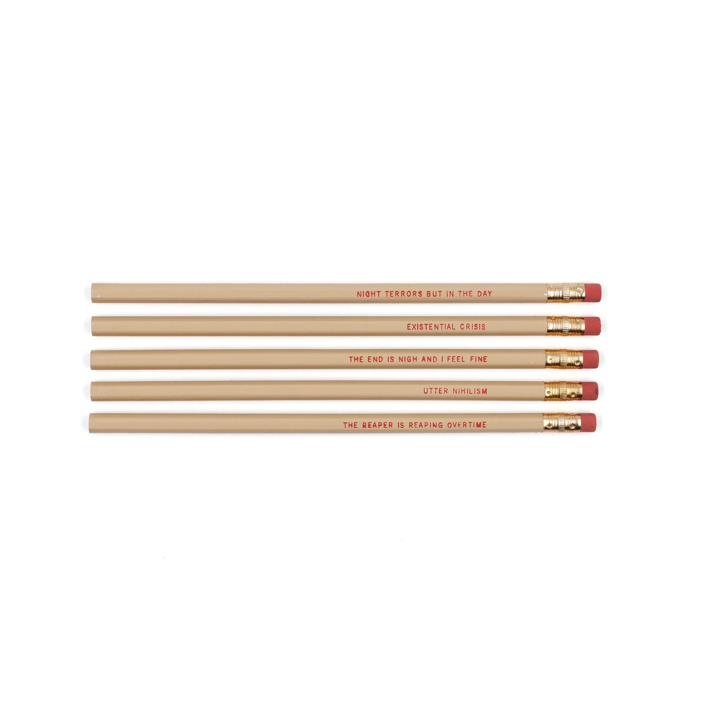 EXISTENTIAL CRISIS Pencil Set | 5 Cedar Pencils | Cream with Blood-Red Foil Stamping