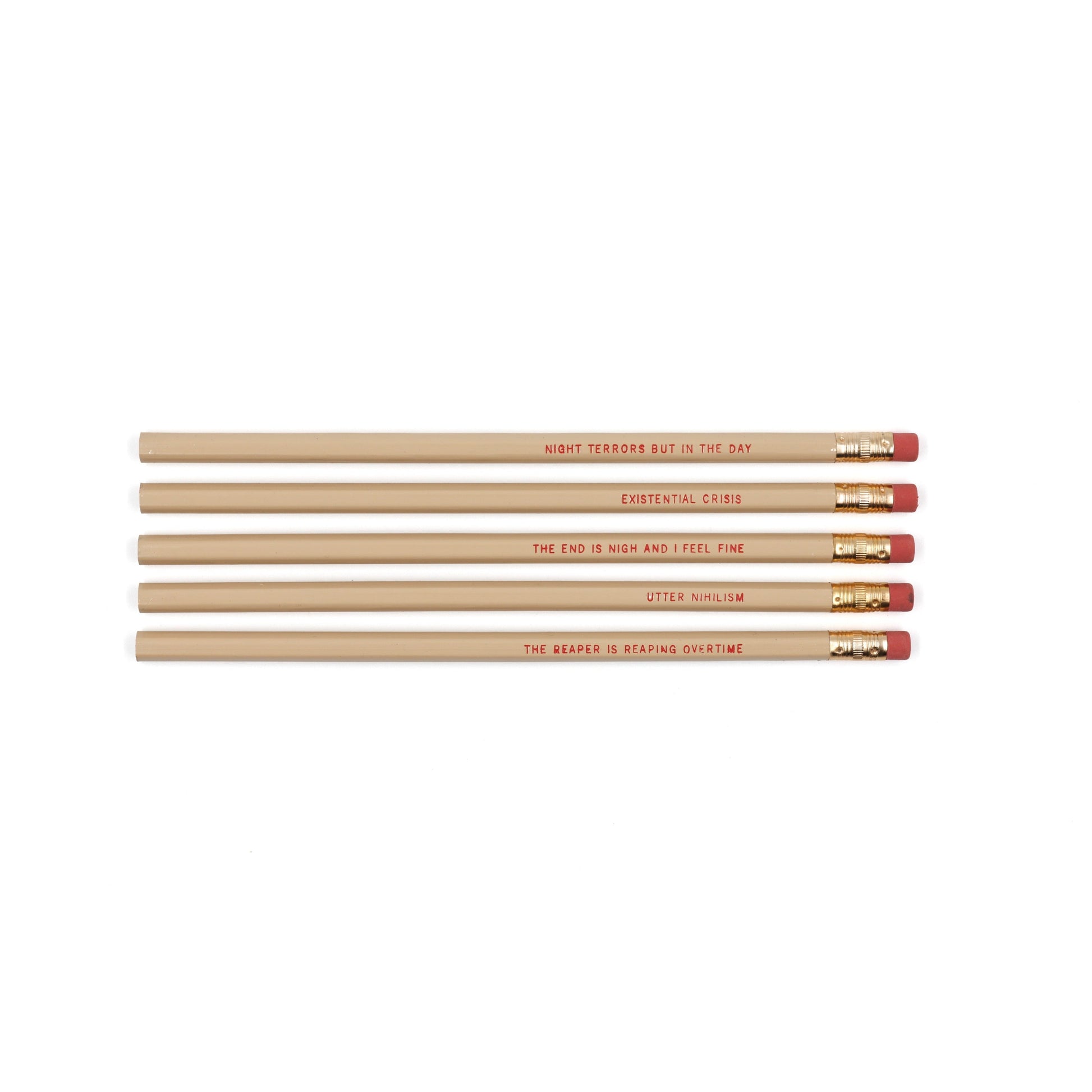 EXISTENTIAL CRISIS Pencil Set | 5 Cedar Pencils | Cream with Blood-Red Foil Stamping