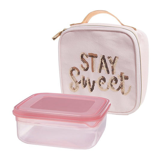 Stay Sweet Pink Combo Lunch Set | Sequin Embellished Lunch Bag and 6.25" Square Food Container